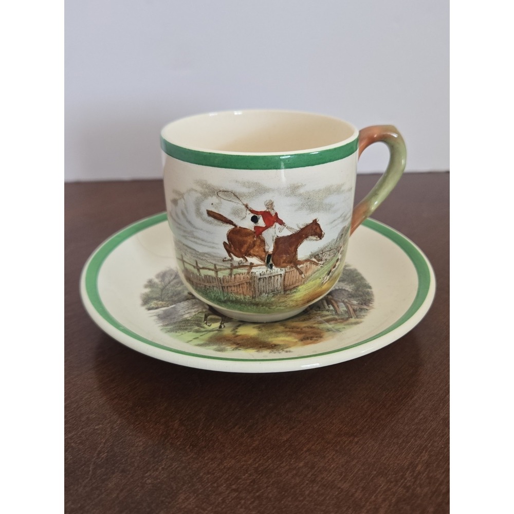Copeland Spode England Herring Hunt Green #5 Footed Demitasse Cup and #5 Saucer